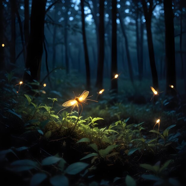 Photo a forest with lights in the middle of it and some trees in the background