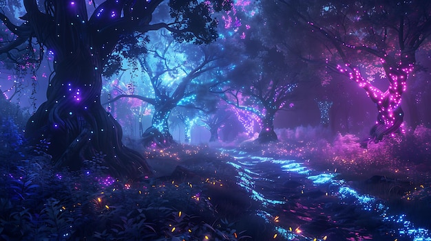 a forest with lights and a path in the middle