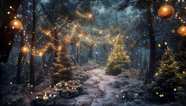 a forest with lights and a path that says  christmas