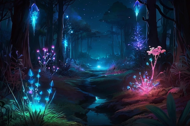 a forest with lights and a stream in the night