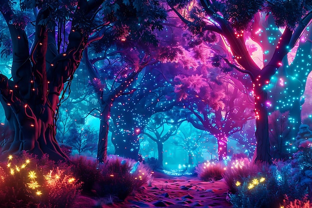 a forest with lights and trees in the background