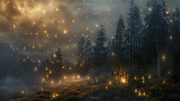 a forest with a lot of lights on it