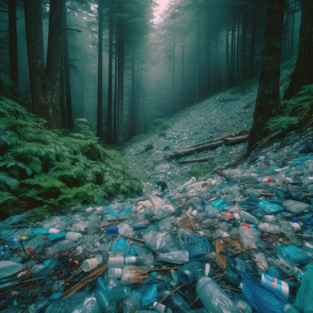 A forest with a lot of plastic bottles and bottles on the ground.