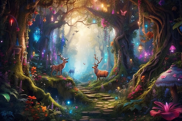 forest with magical creatures peeking through vibrant foliage