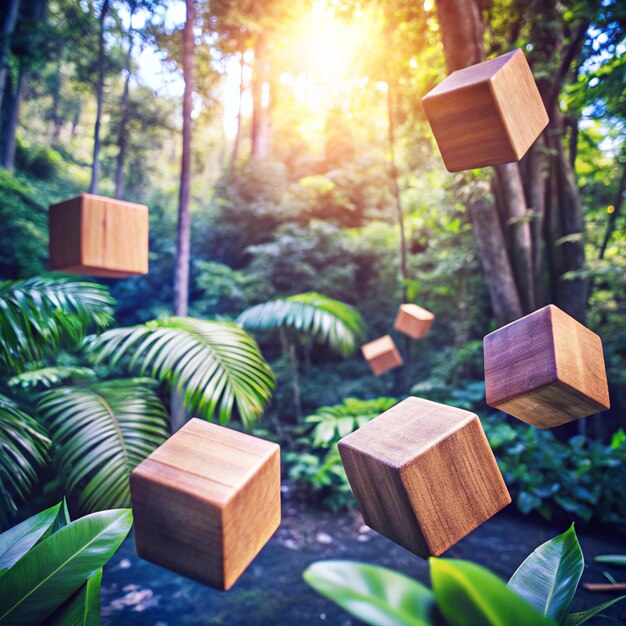 Photo a forest with many wooden cubes that are floating in the air