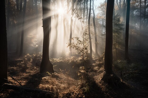 Forest with misty fog and sun peeking through the trees created with generative ai