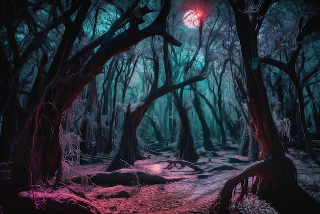 A forest with a moon in the background