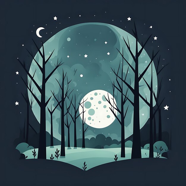 Photo a forest with a moon and trees with a moon and stars