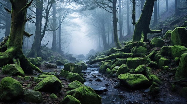 a forest with moss covered rocks and a stream running through it