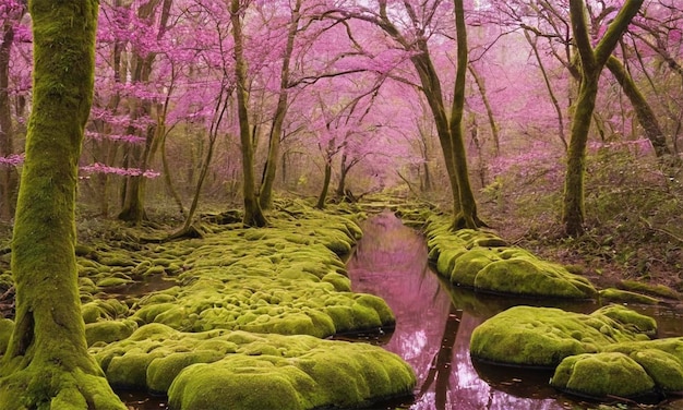 Photo a forest with moss covered rocks and trees in the background