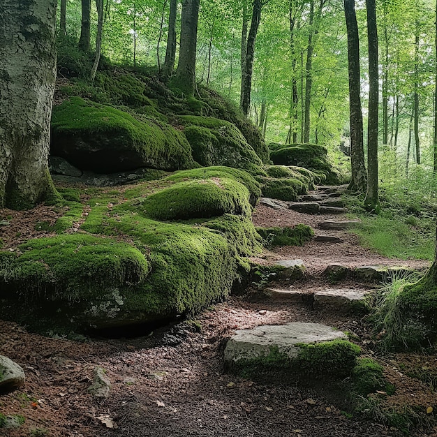 a forest with moss covered rocks and trees with a path leading to it