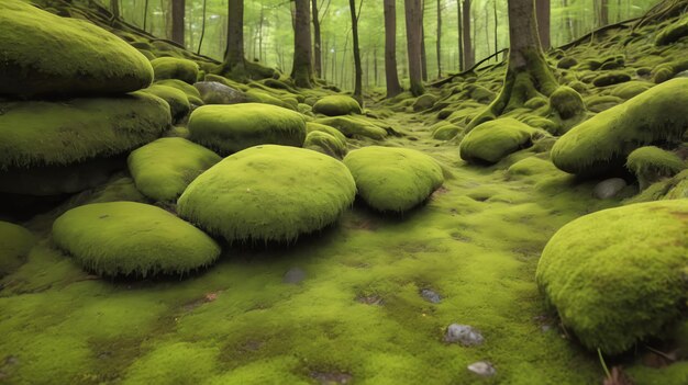 Photo a forest with moss covered rocks and trees