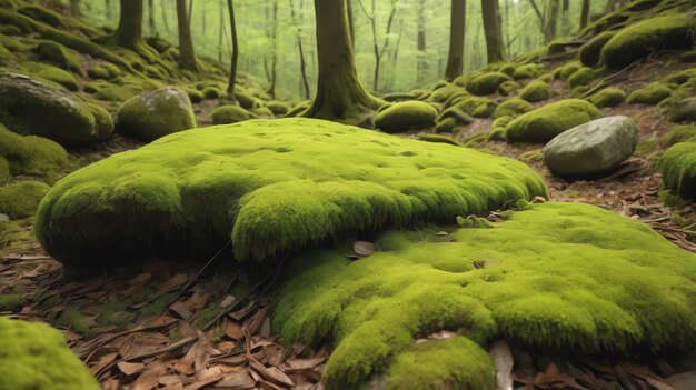 a forest with moss covered rocks and trees