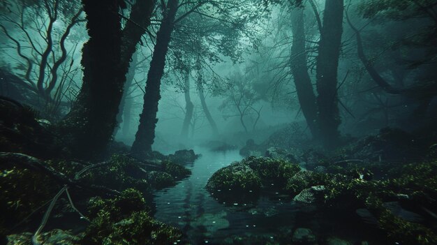 a forest with moss covered rocks and trees