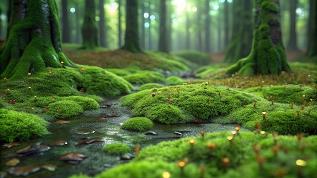 a forest with moss covered trees and a forest floor