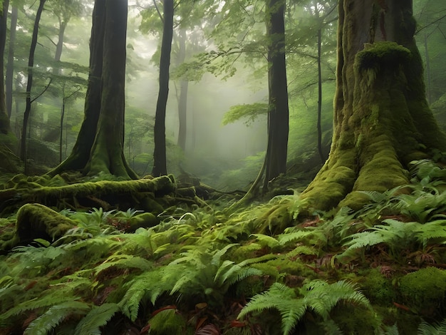 a forest with moss covered trees and a forest with fog