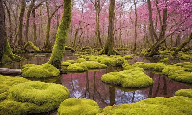 Photo a forest with moss covered trees and a moss covered rock