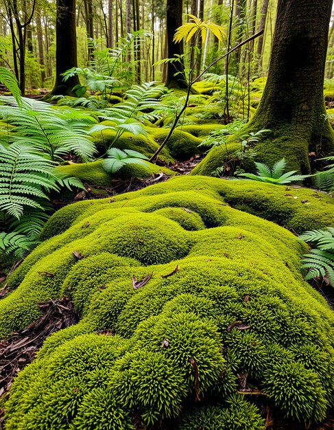 Photo a forest with moss covered trees and moss