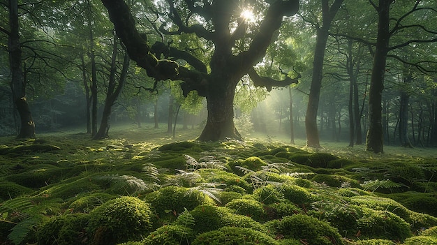 a forest with moss covered trees and a tree with the sun shining through the leaves