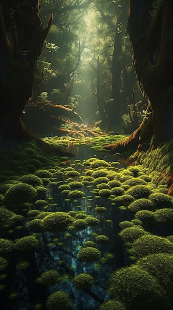 A forest with moss and mosses and a tree