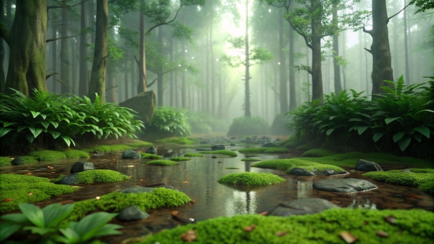 a forest with moss and rocks in it and a pond with moss covered rocks