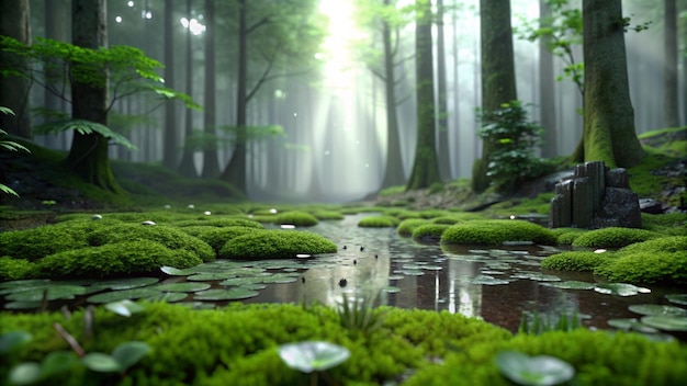 a forest with moss and a tree stump in the middle