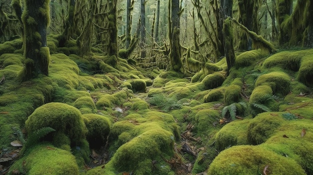 A forest with moss and trees.