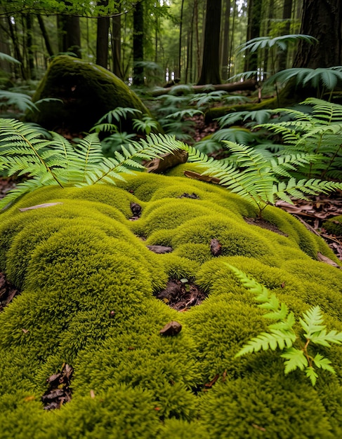 a forest with a mossy log and a log with a tree in the background