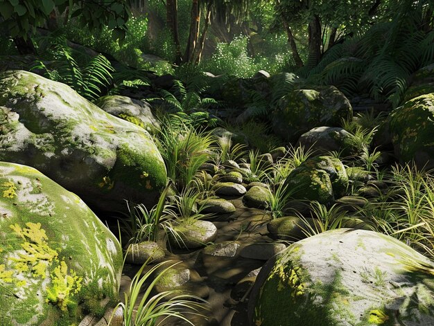 Photo a forest with mossy rocks and mossy rocks