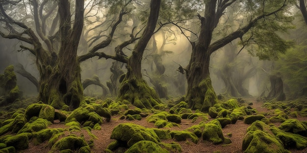 A forest with mossy trees and mossy trees