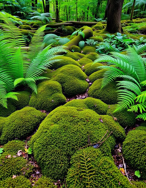 Photo a forest with mossy trees and a tree with a few ferns