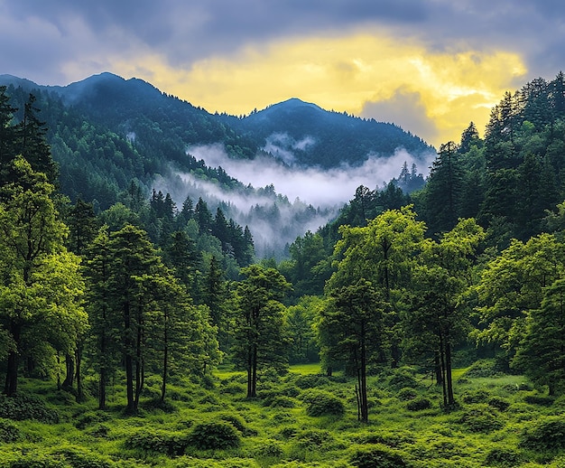 a forest with a mountain in the background and a fog in the background