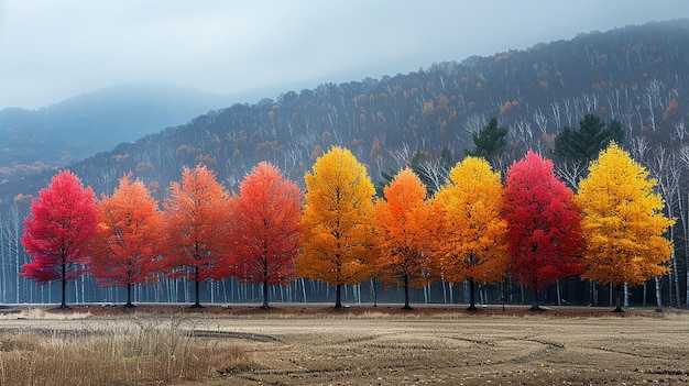 a forest with a mountain in the background and a mountain in the background