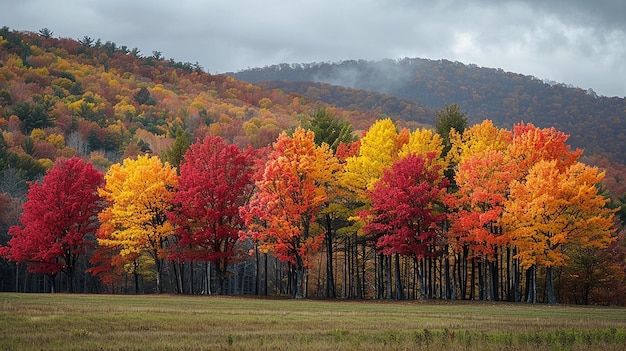 a forest with a mountain in the background and a mountain in the background