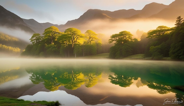 a forest with mountains in the background and the reflection of the mountains