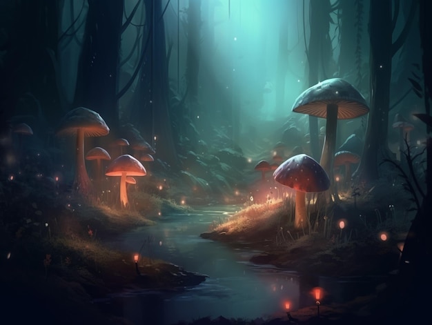 A forest with mushrooms and a fire in the sky