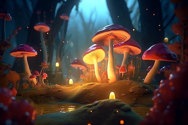 A forest with mushrooms and lights in the background