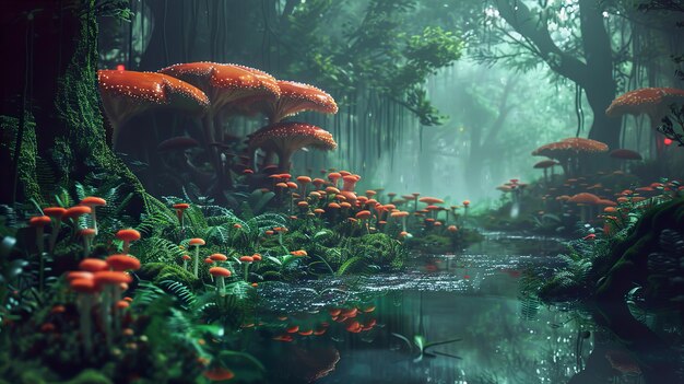 a forest with mushrooms and moss growing on the ground