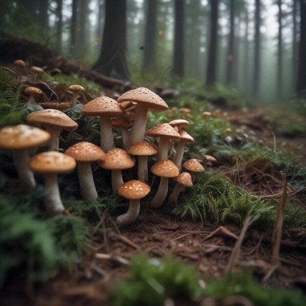 a forest with mushrooms and moss growing on the ground