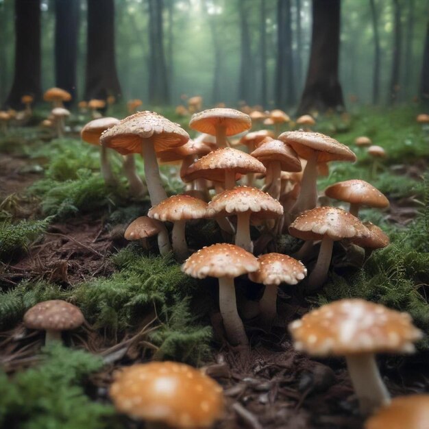 a forest with mushrooms and moss growing on the ground