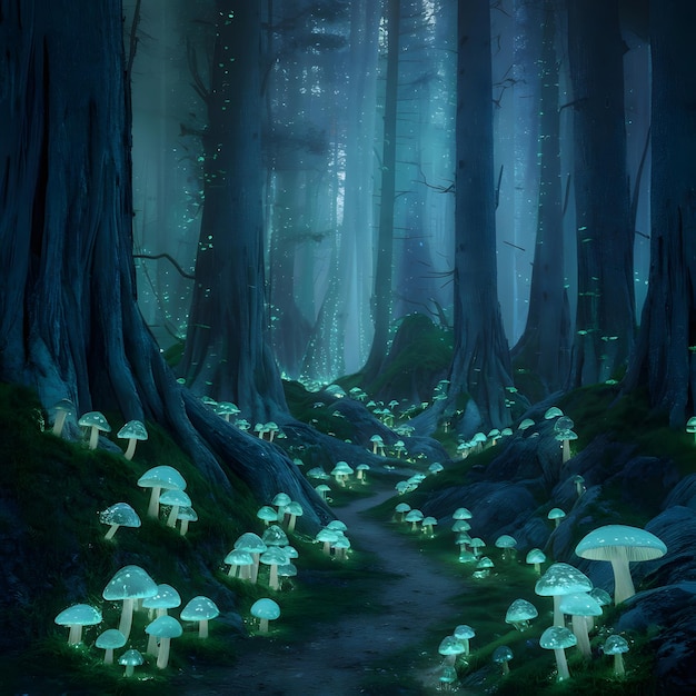 a forest with mushrooms and mushrooms in the middle of it