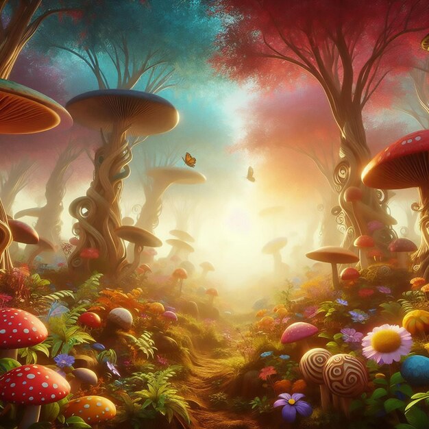 a forest with mushrooms and mushrooms in the middle of it