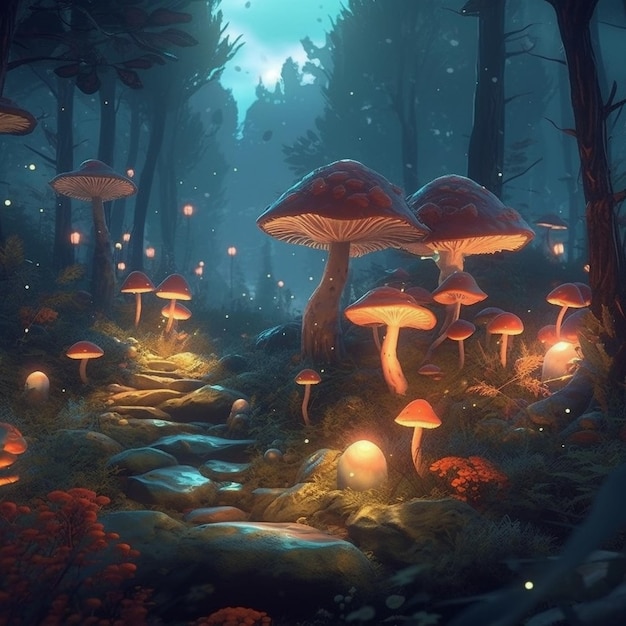 A forest with mushrooms and a path that says'magic '