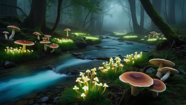 Photo a forest with mushrooms and a stream in the woods