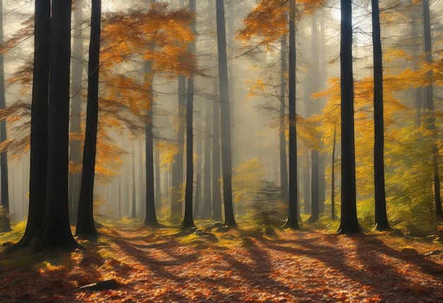 A forest with orange leaves and the sun shining through the trees.