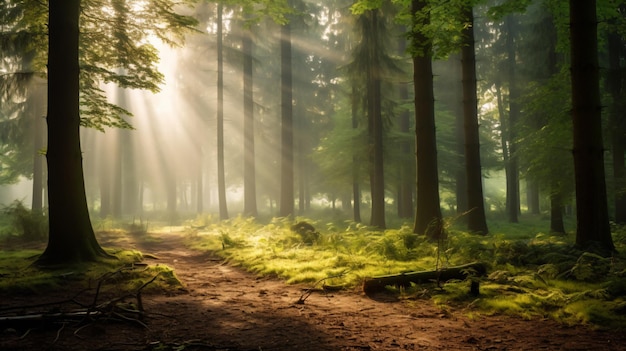 a forest with a path and sunbeams