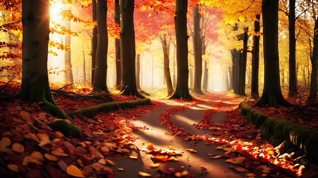 a forest with a path that has fallen leaves on it