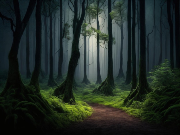 A forest with a path that has a light on it