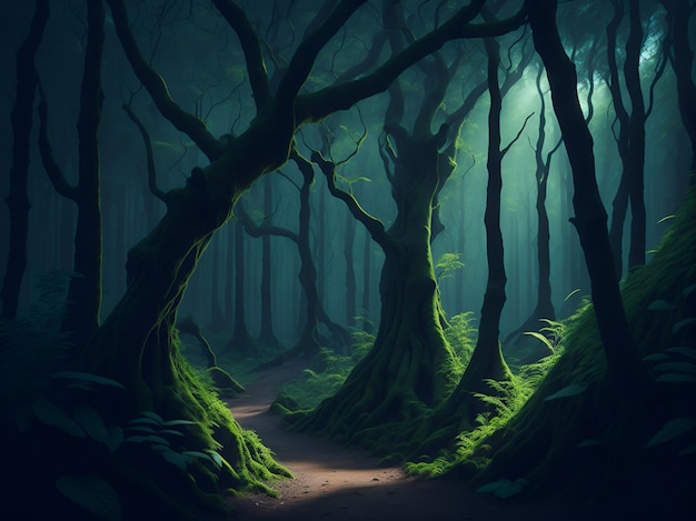 A forest with a path that has a light on it.