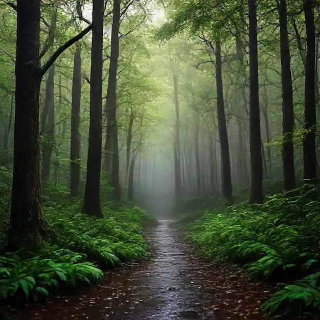 a forest with a path that has a sign that says  no  on it